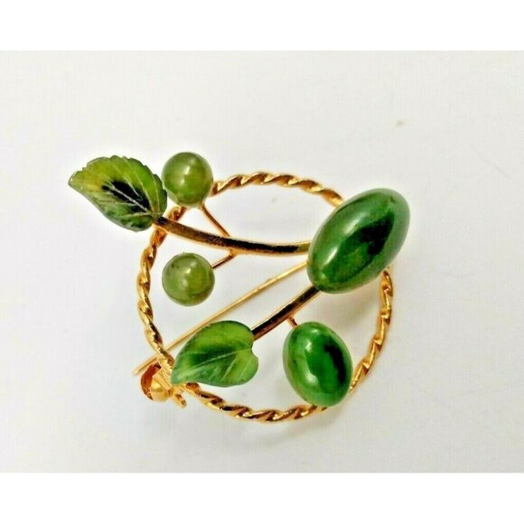 Vintage Green Jade Floral Spray Gold Tone Brooch 1.5" X 2" - Picture 3 of 10